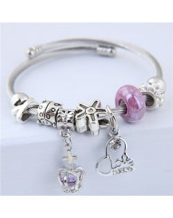 Love Heart and Crown Pendants Beads Fashion Alloy Bracelet - Purple