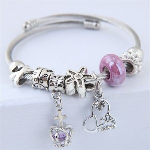 Love Heart and Crown Pendants Beads Fashion Alloy Bracelet - Purple