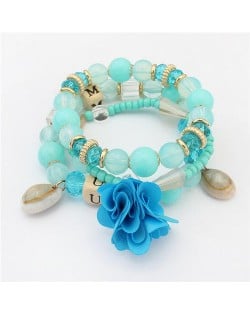 Seashell and Flower Pendants Triple Layers Beads Fashion Bracelet - Blue