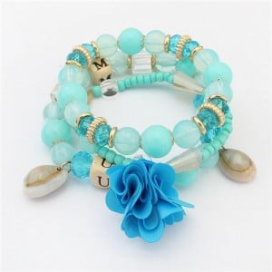 Seashell and Flower Pendants Triple Layers Beads Fashion Bracelet - Blue