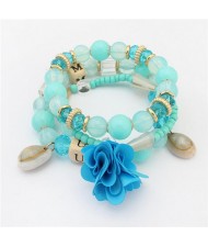 Seashell and Flower Pendants Triple Layers Beads Fashion Bracelet - Blue