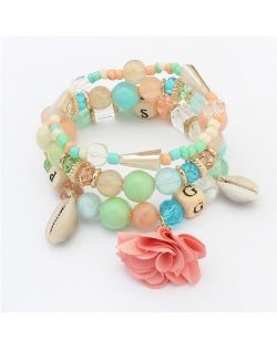 Seashell and Flower Pendants Triple Layers Beads Fashion Bracelet - Multicolor