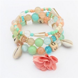 Seashell and Flower Pendants Triple Layers Beads Fashion Bracelet - Multicolor