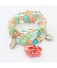 Seashell and Flower Pendants Triple Layers Beads Fashion Bracelet - Multicolor