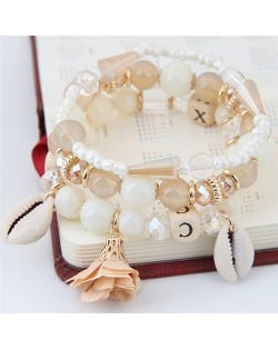 Seashell and Flower Pendants Triple Layers Beads Fashion Bracelet - White