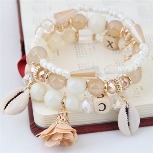 Seashell and Flower Pendants Triple Layers Beads Fashion Bracelet - White