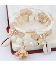 Seashell and Flower Pendants Triple Layers Beads Fashion Bracelet - White