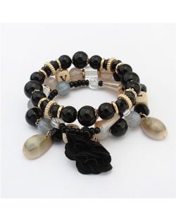 Seashell and Flower Pendants Triple Layers Beads Fashion Bracelet - Black