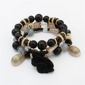 Seashell and Flower Pendants Triple Layers Beads Fashion Bracelet - Black