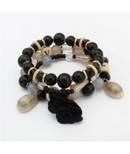 Seashell and Flower Pendants Triple Layers Beads Fashion Bracelet - Black
