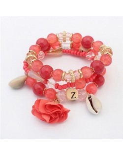 Seashell and Flower Pendants Triple Layers Beads Fashion Bracelet - Red