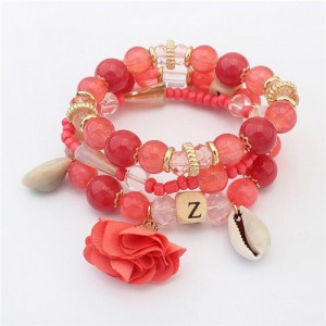 Seashell and Flower Pendants Triple Layers Beads Fashion Bracelet - Red