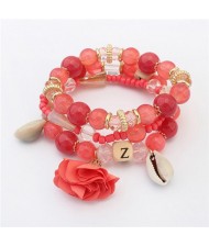 Seashell and Flower Pendants Triple Layers Beads Fashion Bracelet - Red