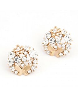 Korean Fashion Czech Rhinestone Inlaid Golden Butterfly and Flower Round Shape Earrings