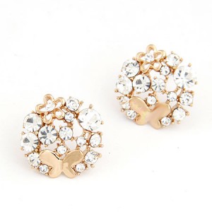 Korean Fashion Czech Rhinestone Inlaid Golden Butterfly and Flower Round Shape Earrings