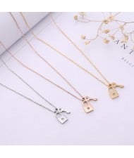 3 Colors Available Rhinstone Embellished Lock and Key Pendants Stainless Steel Necklace
