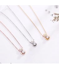 3 Colors Available Rhinstone Inlaid Crown Round Pendant Stainless Steel Necklace