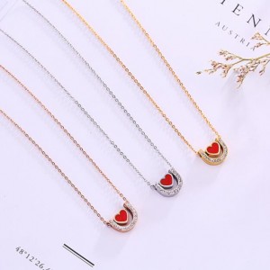 3 Colors Available Heart Inlaid Rhinestone U Shape Pendant Stainless Steel Necklace