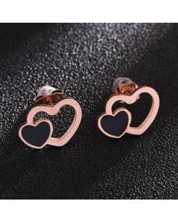 Dual Hearts High Fashion Stainless Steel Stud Earrings