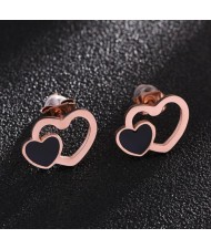 Dual Hearts High Fashion Stainless Steel Stud Earrings