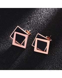 Dual Squares Design High Fashion Stainless Steel Stud Earrings