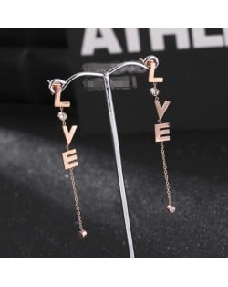 Rhinestone Embellished Dangling Vertical Alphabets Design Stainless Steel Stud Earrings
