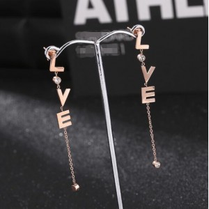 Rhinestone Embellished Dangling Vertical Alphabets Design Stainless Steel Stud Earrings