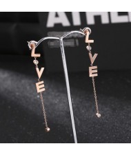 Rhinestone Embellished Dangling Vertical Alphabets Design Stainless Steel Stud Earrings