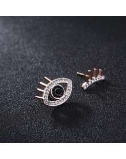 Rhinestone Embellished Asymmetric Eyes Design High Fashion Stainless Steel Stud Earrings