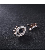 Rhinestone Embellished Asymmetric Eyes Design High Fashion Stainless Steel Stud Earrings