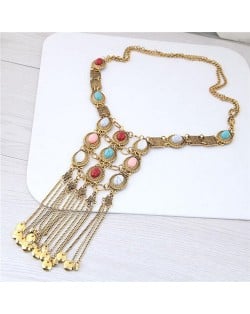Gems Embellished Chunky Vintage Style Tassel Chains Design Long Fashion Costume Necklace - Golden and Multicolor