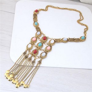Gems Embellished Chunky Vintage Style Tassel Chains Design Long Fashion Costume Necklace - Golden and Multicolor
