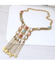 Gems Embellished Chunky Vintage Style Tassel Chains Design Long Fashion Costume Necklace - Golden and Multicolor