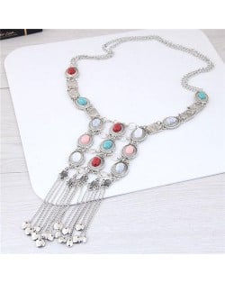 Gems Embellished Chunky Vintage Style Tassel Chains Design Long Fashion Costume Necklace - Silver and Multicolor