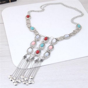 Gems Embellished Chunky Vintage Style Tassel Chains Design Long Fashion Costume Necklace - Silver and Multicolor