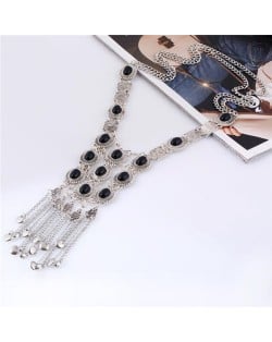 Gems Embellished Chunky Vintage Style Tassel Chains Design Long Fashion Costume Necklace - Silver and Black