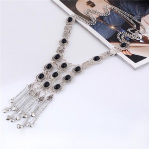 Gems Embellished Chunky Vintage Style Tassel Chains Design Long Fashion Costume Necklace - Silver and Black