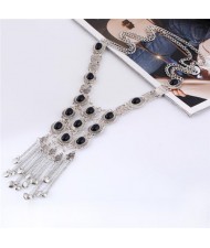Gems Embellished Chunky Vintage Style Tassel Chains Design Long Fashion Costume Necklace - Silver and Black