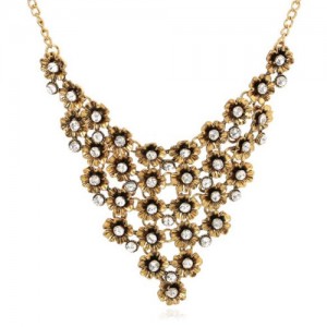 Rhinestone Inlaid Vintage Flowers Cluster High Fashion Women Statement Necklace - Golden