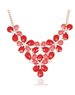 Rhinestone Embellished Gem Flowers Cluster Chunky Fashion Women Costume Necklace - Red