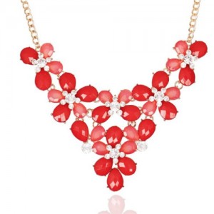 Rhinestone Embellished Gem Flowers Cluster Chunky Fashion Women Costume Necklace - Red