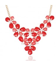 Rhinestone Embellished Gem Flowers Cluster Chunky Fashion Women Costume Necklace - Red