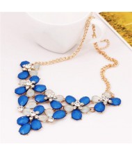 Rhinestone Embellished Gem Flowers Cluster Chunky Fashion Women Costume Necklace - Blue
