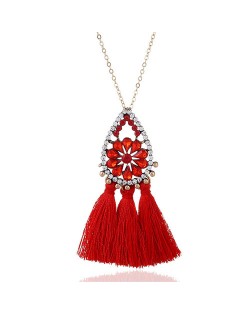 Rhinestone Floral Waterdrop with Cotton Threads Tassel Pendant Design Long Style Fashion Necklace - Red