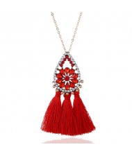 Rhinestone Floral Waterdrop with Cotton Threads Tassel Pendant Design Long Style Fashion Necklace - Red