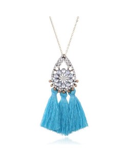 Rhinestone Floral Waterdrop with Cotton Threads Tassel Pendant Design Long Style Fashion Necklace - Sky Blue