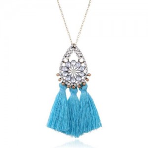 Rhinestone Floral Waterdrop with Cotton Threads Tassel Pendant Design Long Style Fashion Necklace - Sky Blue