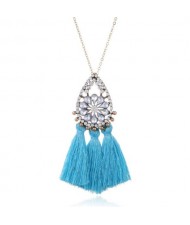 Rhinestone Floral Waterdrop with Cotton Threads Tassel Pendant Design Long Style Fashion Necklace - Sky Blue