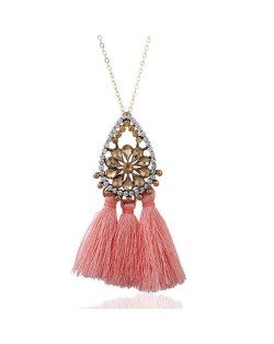 Rhinestone Floral Waterdrop with Cotton Threads Tassel Pendant Design Long Style Fashion Necklace - Pink