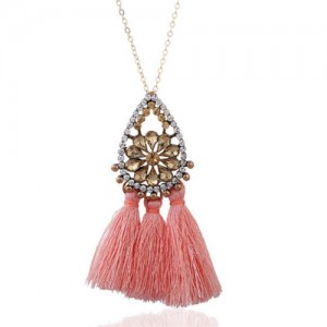 Rhinestone Floral Waterdrop with Cotton Threads Tassel Pendant Design Long Style Fashion Necklace - Pink